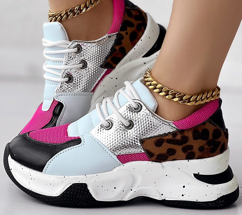 Leopard Snakeskin Print Colorblock Lace-up Muffin Sneakers