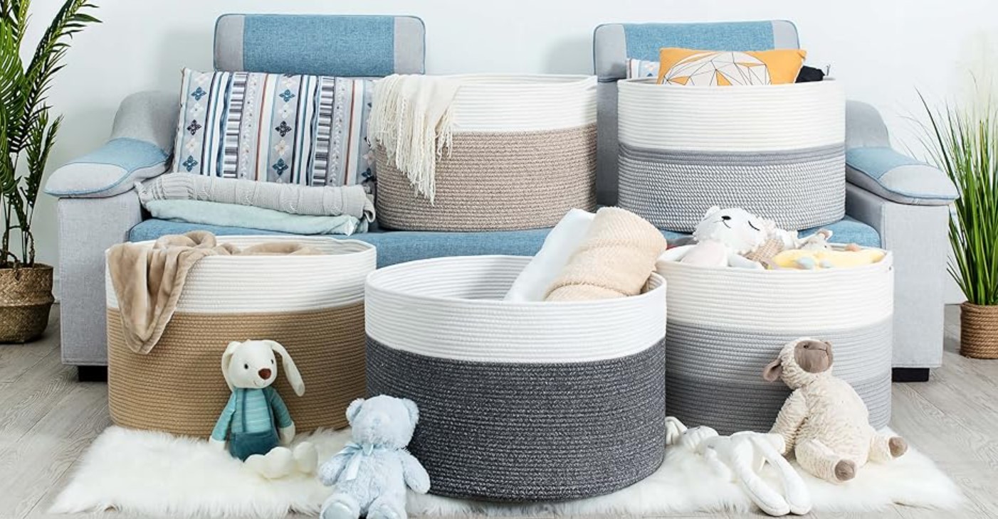 MINTWOOD Design Extra Large 22 x 14in Decorative Blanket Basket for Living Room