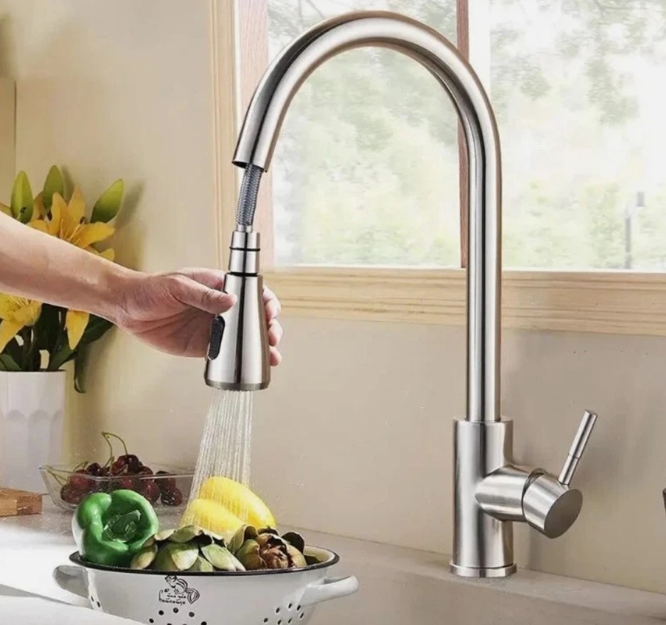 Kitchen Sink Faucet Brushed Nickel Single Handle Swivel Pull Down Sprayer Mixer